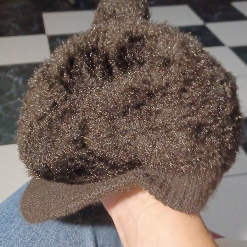 Vintage Faux Fur Cap, shiny brown, pompom, crochet